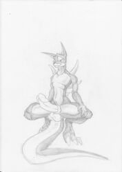 1boy balls claws dragon erection grin male male_only megan muscles nude penis reptile scalie sketch solo spikes spread_legs spreading tail