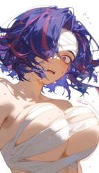 ai_generated blue_hair blush boku_no_hero_academia bouncing_breasts drowsy_sheep embarrassed eyepatch gigantic_breasts huge_breasts kaina_tsutsumi lady_nagant light-skinned_female light_skin looking_at_viewer massive_breasts mature_female milf multicolored_hair mummy_wrappings my_hero_academia oiled_body oiled_skin purple_eyes short_hair solo_female squatting sweat sweatdrop voluptuous voluptuous_female