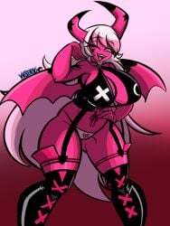 1girls 2026 artist_name big_breasts bimbo bottomwear breasts cleavage clothing demon demon_girl demon_horns demon_tail demon_wings english english_text female female_only hair hand_on_hip helluva_boss hips horns huge_breasts legwear long_hair one_eye_closed panties pink_body pink_eyes pink_skin sharp_teeth solo solo_female tail text thick_thighs thighhighs thighs tongue topwear verosika_mayday_(helluva_boss) white_hair white_panties wide_hips wings wink winking yellow_sclera yinseiryu