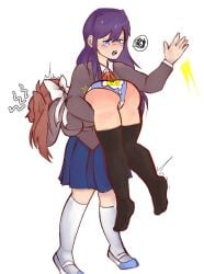 ass_focus doki_doki_literature_club face_not_visible helpless helpless_girl holding_in_arms manhandling monika_(doki_doki_literature_club) myquietalt_(artist) panties_visible scolding size_difference skirt_removed spank_mark spanked_butt spanking white_background white_bow yuri_(doki_doki_literature_club)