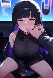 1girls 1other ai_generated bangs big_breasts black_dress black_hair black_nail_polish black_nails blunt_bangs blush bocchi_the_rock! breasts colored_inner_hair dress finger_in_another&#039;s_mouth finger_in_mouth green_eyes hair long_hair looking_at_viewer pa-san sweat two_tone_hair