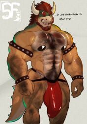 abs absurd_res anthro arm_hair armband beard biceps big_bulge big_muscles black_nipples bodily_fluids body_hair bowser bracelet bulge chest_hair clothed clothing detailed_bulge digital_media_(artwork) facial_hair genital_fluids genital_outline hair happy_trail hi_res horn jewelry jockstrap jockstrap_only koopa leg_hair looking_at_viewer male mario_(series) muscular muscular_male nintendo nipples one_eye_closed pecs penis_outline pubes red_hair scalie sharf simple_background smile solo spiked_armband spiked_bracelet spikes sweat tail teeth text tongue tongue_out topless underwear underwear_only wink winking_at_viewer