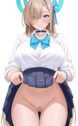 absurdres ass_visible_through_thighs asuna_(blue_archive) black_choker blonde_hair blue_archive blue_bow blue_bowtie blue_eyes blue_halo blue_ribbon blush bow bowtie breasts censored choker clothes_lift female female_pubic_hair grin hair_over_one_eye hair_ribbon halo highres large_breasts lifting_own_clothes long_hair looking_at_viewer mosaic_censoring no_panties pubic_hair pussy ribbon shirt shirt_tucked_in simple_background skirt skirt_lift smile solo teeth thigh_gap very_long_hair white_background white_shirt wreath_(lit)