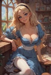 ai_generated alice_(disney) alice_in_wonderland alice_liddell blonde_hair blue_eyes blush cleavage curvaceous curvaceous_body curves curvy curvy_body curvy_female curvy_figure detailed detailed_background dress freckles hairband high_resolution highres hourglass_figure indoors large_breasts looking_at_viewer mascara medium_breasts pale_skin pantyhose perky_breasts round_breasts shy skinny thin_waist voluptuous voluptuous_female