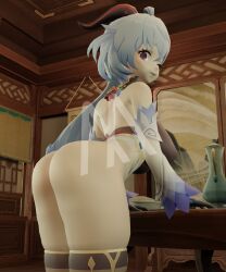 3d ass ass ass_focus blender blue_hair breasts butt_focus complex_background ganyu_(genshin_impact) goat_girl goat_horns hands_on_table horns hoyoverse indoor indoors mihoyo sleeves table watermark