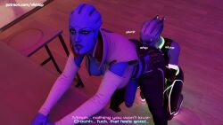 3d alien alien_humanoid aria_t'loak asari_futanari ass_eating blender comic comic_page english english_text futanari glowing_piercing huge_balls huge_cock latex_clothing liara_t'soni mass_effect no_nut_november piercings tease vikhlop