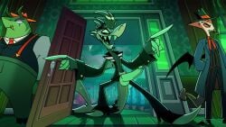 bad_edit chaz_(helluva_boss) green_skin helluva_boss screencap screenshot screenshot_edit sensua_arts shark smile vivziepop