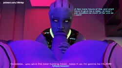 3d alien alien_humanoid aria_t'loak asari_futanari blender comic comic_page english english_text futanari glowing_piercing huge_balls huge_cock latex_clothing liara_t'soni mass_effect no_nut_november piercings tease vikhlop