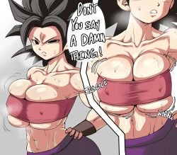 1girls abs angry ass breast_squeeze breasts breath caulifla curvy dialogue dragon_ball dragon_ball_super huge_breasts muscular_female nipple_bulge pseudocel stomach sweat tubetop
