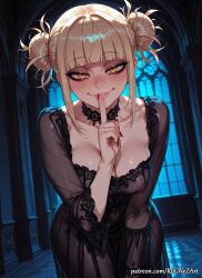 1girl 2026 ai_generated anime bangs black_choker black_dress blonde_hair blunt_bangs blush boku_no_hero_academia boobs breasts choker cleavage collarbone covered_nipples crossover double_bun dress exposed_nipples eye_contact female female_focus finger_to_mouth flushed hair_bun highres himiko_toga huge_breasts index_finger_raised indoors inside large_breasts leaning_forward long_sleeves looking_at_viewer medium_breasts messy_hair my_hero_academia nail_polish nipples nsfw parted_lips patreon patreon_username red_nails rognezart see-through short_hair shushing smile smiling solo toga_himiko yellow_eyes