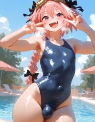 ai_generated armpits astolfo_(fate) bulge curvy fate_(series) femboy gomes heavy_breathing one_piece_swimsuit otokonoko outdoors peace_sign poolside self_upload small_penis solo swim_goggles swimsuit thick_thighs wet_skin