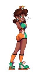 1girls artist_name ass big_breasts blue_eyes breasts brown_hair busty dark-skinned_female dark_skin female female_only gloves grin hand_on_hip highres huge_ass large_breasts legs looking_at_viewer looking_back mario_(series) mario_strikers midriff nintendo pose posing princess_daisy sensual short_hair shorts sideboob smile soccer soccer_uniform solo sportswear thighs voluptuous
