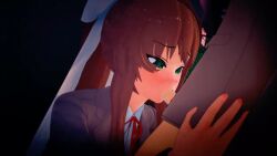 3d 3d_animation animated blowjob doki_doki_literature_club fellatio green_eyes koikatsu light_brown_hair mashirosolera monika_(doki_doki_literature_club) no_sound oral sound_request tagme video white_ribbon