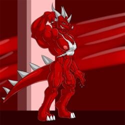 abs armpits balls biceps bodybuilder claws danandnite dragon eyes fangs green_eyes grin horns looking_at_viewer male male_only muscles nidhogg_(character) nude penis presenting reptile scalie solo spikes standing tail