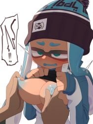 !! 1boy1girl black_shirt blue_hair blue_nipples blush bobblehat coat dark-skinned_female green green_eyes groping half-closed_eyes inkling inkling_girl large_breasts lifting_shirt nipple_play nipples open_coat open_mouth organ_rn pulling_nipples speech_bubble speed_lines splatoon