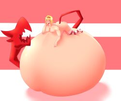 1boy ass bechikobe belly belly_inflation big_belly blonde_hair hairband hyper_belly inflation male male_only solo solo_male thighhighs tongue tongue_out