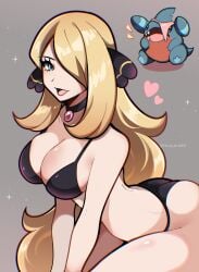 1girls 2024 artist_name ass bikini black_bikini blonde_hair blue_eyes breasts cleavage cynthia_(pokemon) female female_focus gible hair_ornament hair_over_one_eye heart highres large_breasts light-skinned_female light_skin long_hair looking_at_viewer nintendo open_mouth plain_background pokemon pokemon_dppt sparkles touyarokii watermark