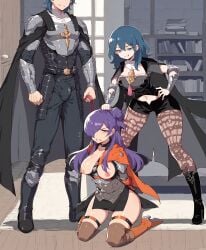 ai_generated breasts_out bullying byleth_(fire_emblem)_(female) byleth_(fire_emblem)_(male) clenched_teeth fire_emblem fire_emblem:_three_houses hair_pull indoors kneeling_female leash male shez_(female)_(fire_emblem) sunday_poonday