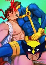 3boys abs bara bare_legs bare_pectorals beard_stubble blood blue_bodysuit blush bodysuit brown_hair censored character_censor couple covered_abs cyclops_(x-men) dougi english_commentary facial_hair feet_out_of_frame gloves gradient_background green_background head-mounted_display headband highres kissing light_trail male_focus male_only marvel multiple_boys muscular muscular_male nipples nosebleed novelty_censor open_clothes paid_reward_available pectorals red_headband ryu_(street_fighter) short_hair sideburns sitting sitting_on_person spread_legs street_fighter stubble wavy_mouth wolverine_(x-men) x-men x-men_vs._street_fighter yakichou yaoi yellow_gloves