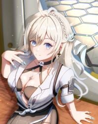 ahoge black_bra blonde_hair blue_eyes choker futoshidao medium_breasts open_clothes police_uniform roslyn_(tower_of_fantasy) sitting smiling tower_of_fantasy