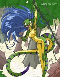 1girls blue_hair breasts chalo cute english_text female geecku green_scales las_lindas lizard scalie solo yellow_scales