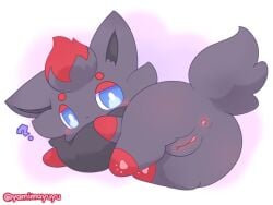 anus ass black_body black_fur black_nose blue_eyes blush body_blush digital_drawing_(artwork) digital_media_(artwork) female feral fluffy fluffy_tail fur generation_5_pokemon genitals hi_res nakimayo neck_tuft nintendo pawpads paws pink_anus pink_pawpads pink_pussy pokemon pokemon_(species) pussy pussy_blush question_mark rear_view red_body red_fur solo solo_focus tail tuft zorua