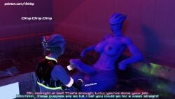 3d alien alien_humanoid aria_t'loak asari_futanari blender comic comic_page english english_text futanari glowing_piercing huge_balls huge_cock latex_clothing liara_t'soni mass_effect no_nut_november piercings tease vikhlop