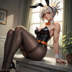 1girls ai_generated artist_name battle_bunny_riven bodysuit bunnysuit clothed clothing colored curvy digital_media_(artwork) female female_focus female_only fit_female from_below front_view high_heels league_of_legends leather legs legs_up psyopsai riven solo solo_focus watermark white_hair