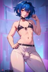 1boy abstract_background absurd_res ai_generated bikini bikini_top blue_hair bulge collar darabri femboy feminine_male gay girly logo male male_only otoko_no_ko outline pants patreon patreon_logo penis_bulge persona persona_5 red_eyes short_hair solo tae_takemi toned trap yaoi