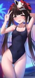 1girls 2d 2d_(artwork) alternate_costume arm_behind_head blue_swimsuit brown_hair day female female_focus female_only fox_mask front_view high_resolution highres honkai:_star_rail honkai_(series) light-skinned_female light_skin long_hair long_pigtails looking_at_viewer mask mask_on_head one_piece_swimsuit open_mouth outdoors petite petite_body petite_female pink_eyes slim_girl small_breasts smiling smiling_at_viewer solo solo_female solo_focus sparkle_(honkai:_star_rail) standing summer tetolisto twintails wet wet_body young younger_female