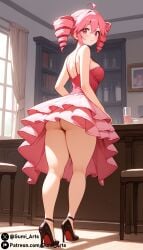 ai_generated ass cleavage dress drill_hair gumi_arts high_heels indoors kasane_teto looking_at_viewer looking_back medium_breasts no_panties pink_dress pink_eyes pink_hair short_hair stable_diffusion synth_v thick_thighs utau wide_hips