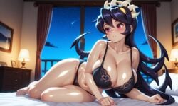 1girls ai_generated bed bedroom black_bra black_hair blush bra bra_strap breasts fighting_game filia_(skullgirls) huge_breasts long_hair looking_away lying lying_on_side massive_breasts on_bed parted_lips red_eyes shiny_hair shiny_skin skullgirls
