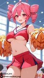 ai_generated blush cheerleader drill_hair gumi_arts kasane_teto looking_at_viewer medium_breasts navel open_mouth pink_eyes pink_hair pom_pom_(cheerleading) short_hair skirt smile stable_diffusion synth_v thick_thighs underboob utau wide_hips