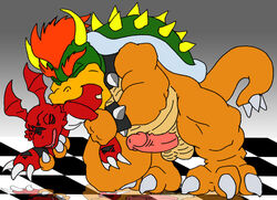 bowser crossover digimon gay glenn green_shell guilmon horns koopa lilglenndoggy male mario_(series) nintendo no_humans penis scalie shell spiky_shell vore