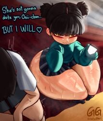 1boy 1boy1girl 1girls big_ass black_hair bottom_heavy brother_and_sister child_bearing_hips flat_chest greatestgori huge_ass implied_incest original original_character partially_clothed pear-shaped_figure pear_shaped pear_shaped_female rinako_(greatestgori) short_skirt sitting sweat sweater thick_thighs thighs thighs_together thunder_thighs wide_hips