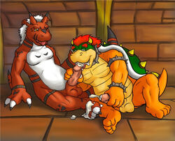 bowser cum cumshot digimon furry gay green_shell growlmon horns koopa male male_only mario_(series) nintendo no_humans orgasm penis shell spiky_shell