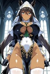 ai_generated animal_ears black_hair blue_eyes brown_skin brown_skinned_female cosplay female groin horse_girl long_hair looking_down_at_viewer ponytail symboli_kris_s_(umamusume) thighs umamusume umamusume_pretty_derby