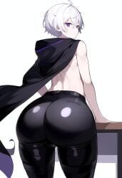 ai_generated ass_bigger_than_head ass_focus black_cloak bulge bulge_through_clothing caught femboy hand_on_table huge_ass jonnyjonn leather leather_pants looking_at_viewer looking_over_shoulder novelai oc original_character pale_skin purple_eyes thanatos_(jonnyjonn) white_hair