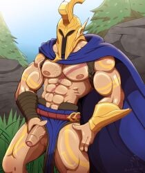 abs balls bara beefy biceps big_balls big_penis bulge cape daddy helmet league_of_legends male male_nipples male_only manly muscular_male nipples pantheon pecs penis riot_games tattoos wolfshirtart