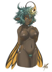 antennae breasts butterfly_wings cute dark-skinned_female dark_skin fairy fairy_wings female glowy green_hair hair large_breasts looking_at_viewer morgan nipples nude original petite-emi petite-symphony pointy_ears pubic_hair pussy short_hair simple_background solo unshaved_pussy white_background wings