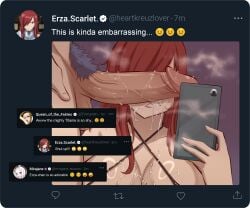 1boy after_fellatio breasts character_name closed_mouth collarbone cum cum_in_mouth cum_on_body cum_on_breasts emoji english_text erza_scarlet facial fairy_tail fake_screenshot female highres holding holding_phone jellal_fernandes joshdinobarney large_breasts large_penis male_pubic_hair penis phone pubic_hair red_background red_hair selfie selfie_with_penis shiny_skin simple_background social_network straight teasing text twitter twitter_screenshot twitter_username uncensored