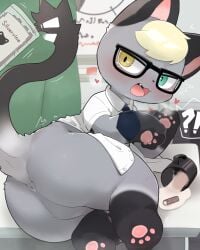 absurd_res animal_crossing anthro anus anus_only ass beverage biped black_body black_fur black_tail blush bodily_fluids bottomless clothed clothing coffee desk detailed_background domestic_cat drugs eyewear fangs featureless_crotch felid feline felis fur furniture glasses green_eyes grey_body grey_fur heart_symbol heterochromia hi_res kyameta male mammal necktie nintendo on_desk open_mouth pawpads question_mark raymond_(animal_crossing) rear_view solo table tail tears teeth tongue yellow_eyes