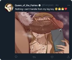 1boy :o breasts brown_hair collarbone cum cum_in_mouth cum_on_body cum_on_breasts elfman_strauss emoji english_text evergreen_(fairy_tail) fairy_tail female green_nails heart highres holding holding_phone huge_cock joshdinobarney large_breasts long_hair male_pubic_hair nail_polish open_mouth penis penis_on_face penis_over_eyes phone portrait pubic_hair selfie semi-rimless_eyewear steam straight twitter twitter_screenshot twitter_username
