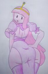 1girls adventure_time ass bonnibel_bubblegum crown female female_only looking_at_viewer looking_back looking_back_at_viewer moraspartan pink_body pink_hair pink_skin princess_bubblegum traditional_media traditional_media_(artwork)