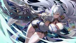 angry_face background breasts fan female female lin_ye_(tower_of_fantasy) mole_under_eye nipple_bulge thighhighs thighs tower_of_fantasy white_hair zalenhpe