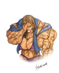 big_breasts big_muscles breasts brown_hair female hair huge_breasts huge_muscles large_breasts large_muscles muscle_growth muscles muscular muscular_arms muscular_female muscular_legs muscular_thighs pale_skin veins veiny_muscles