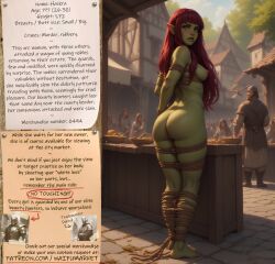 ai_generated anime beautiful big_ass big_booty big_butt bondage bounty_hunters breasts edited evil fantasy female fictional green_eyes market naked nude orc photoshop red_hair roleplay ropes slave slavegirl slavery small_boobs small_breasts small_tits waifu