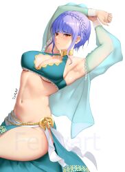 1girls alternate_costume alternate_version_available armpits arms_up bangs bare_arms bare_midriff bare_thighs bikini blue_bikini blue_hair braid breasts cleavage closed_mouth crown_braid feikyart female female_only fire_emblem fire_emblem:_three_houses fire_emblem_heroes grey_background jewelry large_breasts looking_at_viewer marianne_von_edmund marianne_von_edmund_(summer) midriff navel neck_ring nintendo official_alternate_costume purple_eyes sarong see-through see-through_sleeves short_hair sideboob sidelocks sitting solo stomach swimsuit thick_thighs thighs underboob watermark