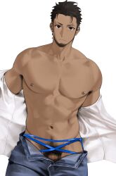 1boy abs absurdres bara barbell_piercing beard blue_ribbon cowboy_shot dark-skinned_male dark_skin facial_hair full_beard goburin_second harumi_(goburin_second) highres large_pectorals looking_at_viewer male_focus male_pubic_hair navel navel_hair nipple_bar nipple_piercing nipples open_pants original pants pectorals penis penis_peek piercing pubic_hair reference_inset ribbon sanpaku shirt_partially_removed short_hair simple_background solo standing stomach thick_eyebrows undressing yaoi