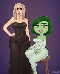 2girls alternate_version_available ass big_ass big_breasts blonde_hair blush breasts cerez_(rocner) child_bearing_hips choker curvy curvy_female curvy_figure disgust disgust_(inside_out) disney dress eyebrows eyelashes green_eyes green_hair green_skin heels human inside_out inside_out_2 lesbian light-skinned_female lipstick long_eyelashes looking_at_viewer milf piercings pixar rocner shortstack sitting slim_waist smiling smiling_at_viewer tagme thick_ass thick_eyebrows thick_hips thick_thighs tight_dress wide_hips